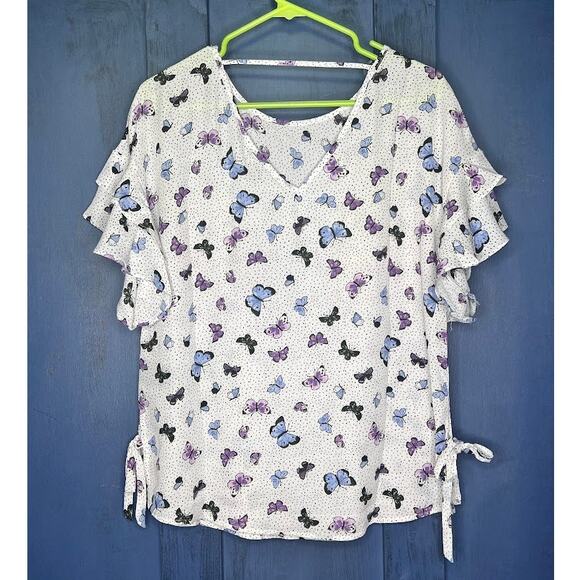 Como Black (M) Ruffle Hem Tie Side Open Upper Back Butterfly Top Blouse - Picture 10 of 12